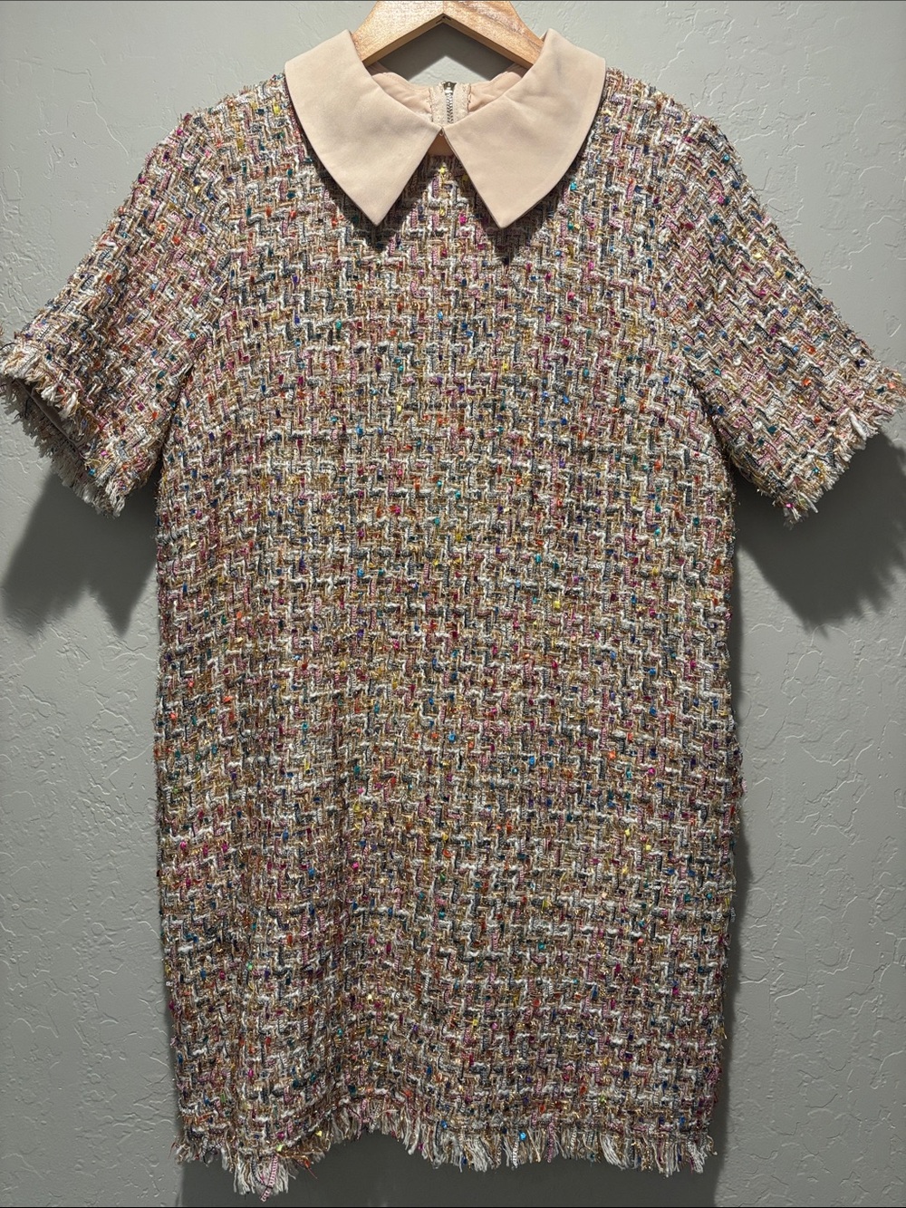 Cream-Collar Multicolor Tweed Short-Sleeve Dress
